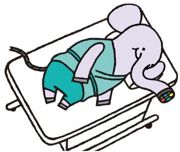 大腸内視鏡検査を受けるためにベッドに横たわる象のキャラクター